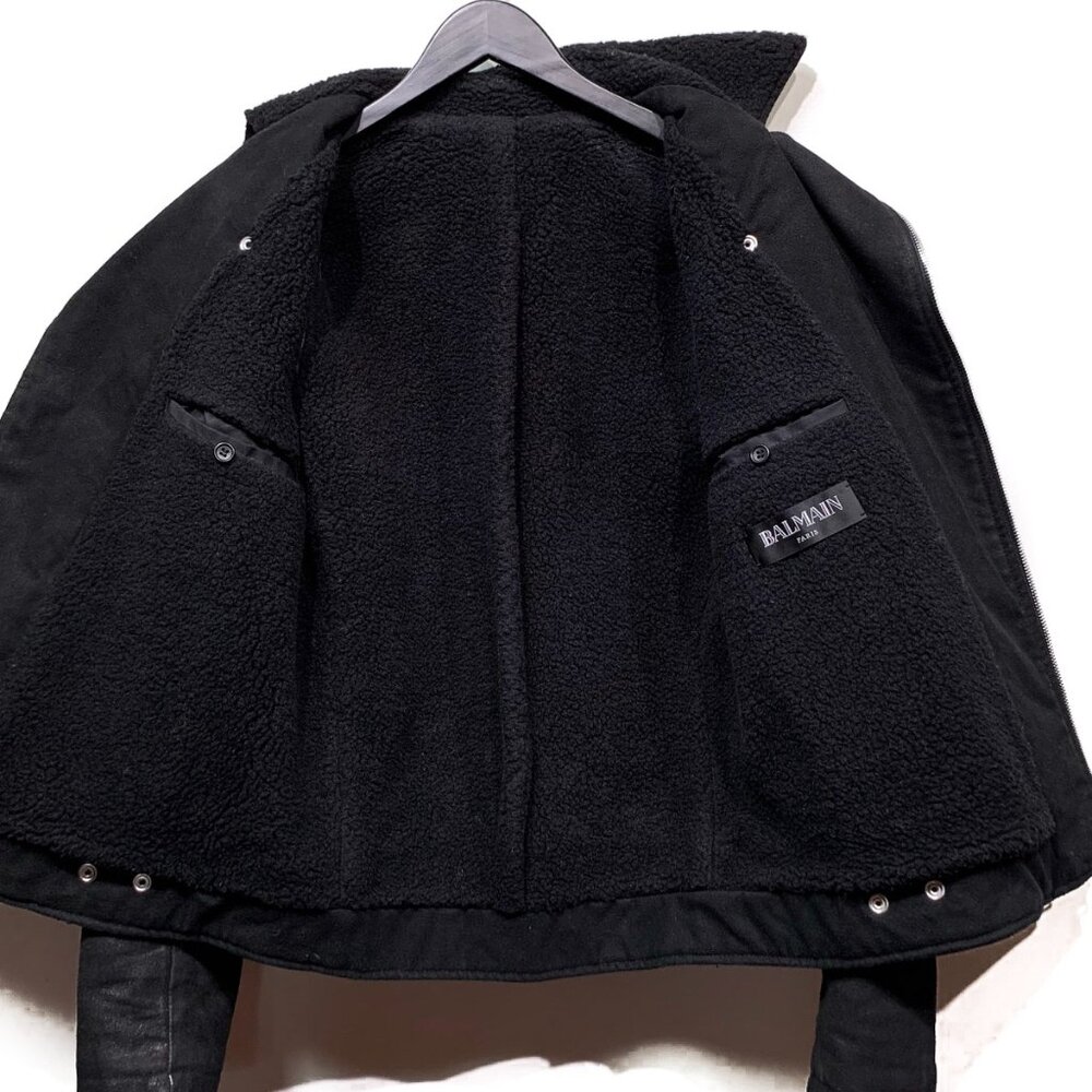 Balmain Black Waxed Cotton and Wool Lined Biker Jacket - Picture 8 of 11